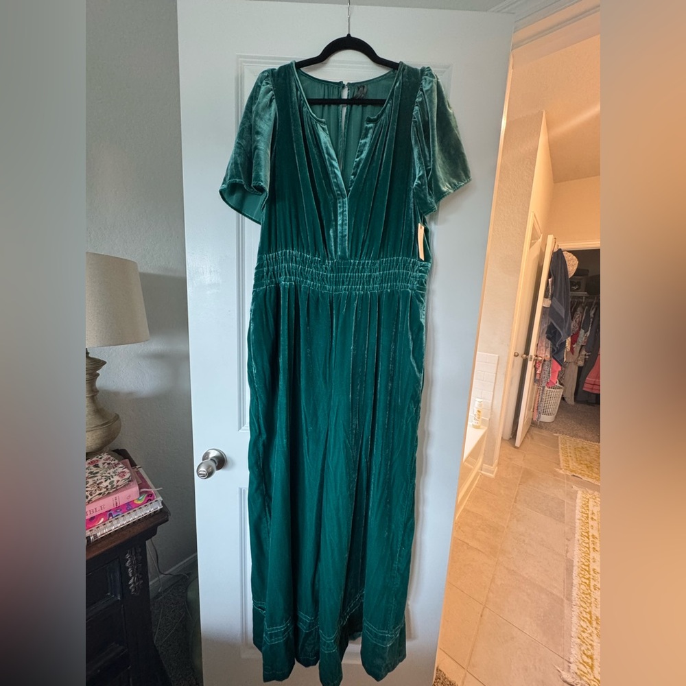 Anthropologie Emerald Velvet V-Neck jumpsuit